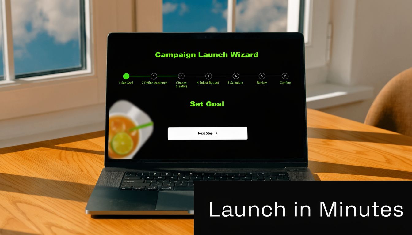 A laptop on a wooden desk displaying a digital campaign launch wizard set goal user interface.