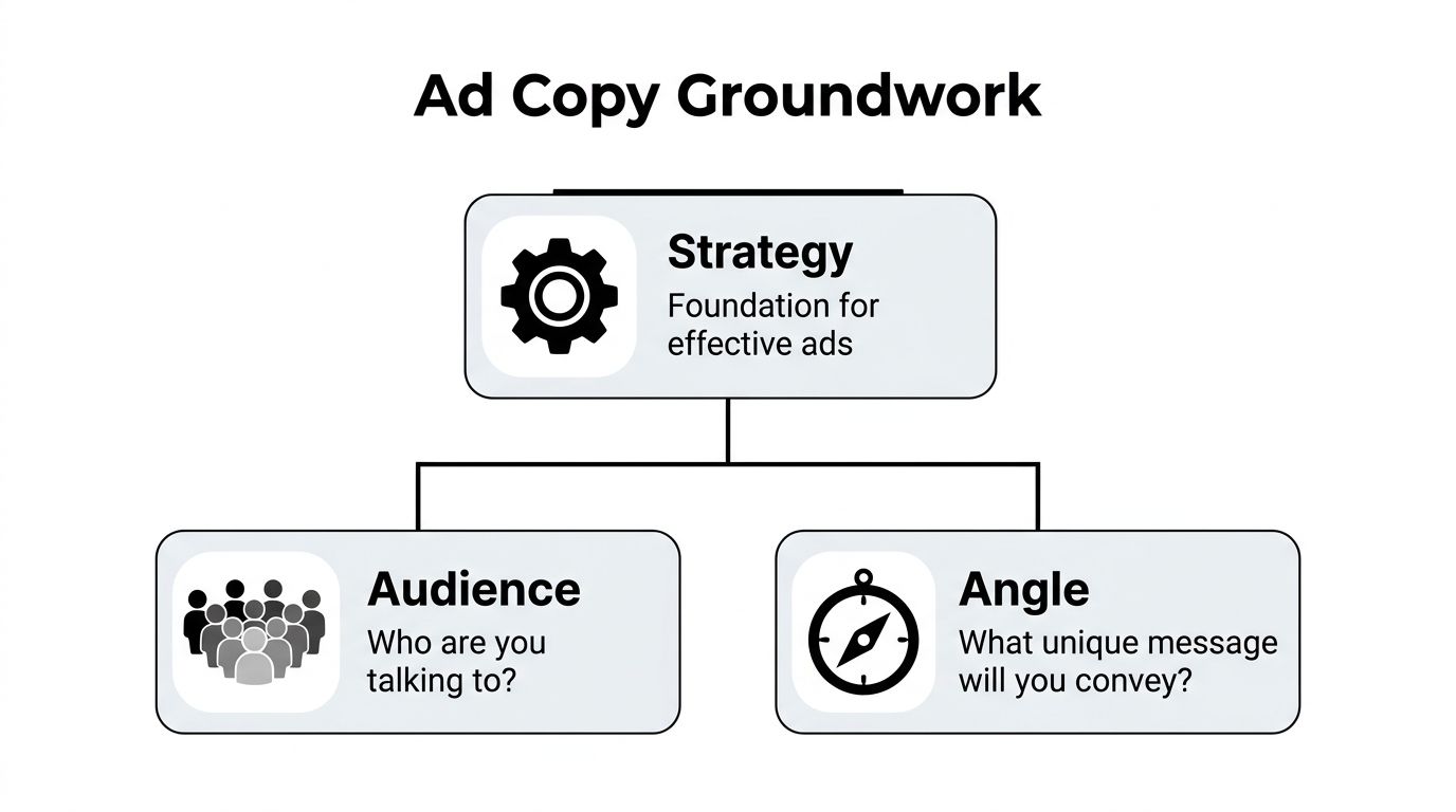 A diagram titled Ad Copy Groundwork showing Strategy as the foundation for Audience and Angle components.