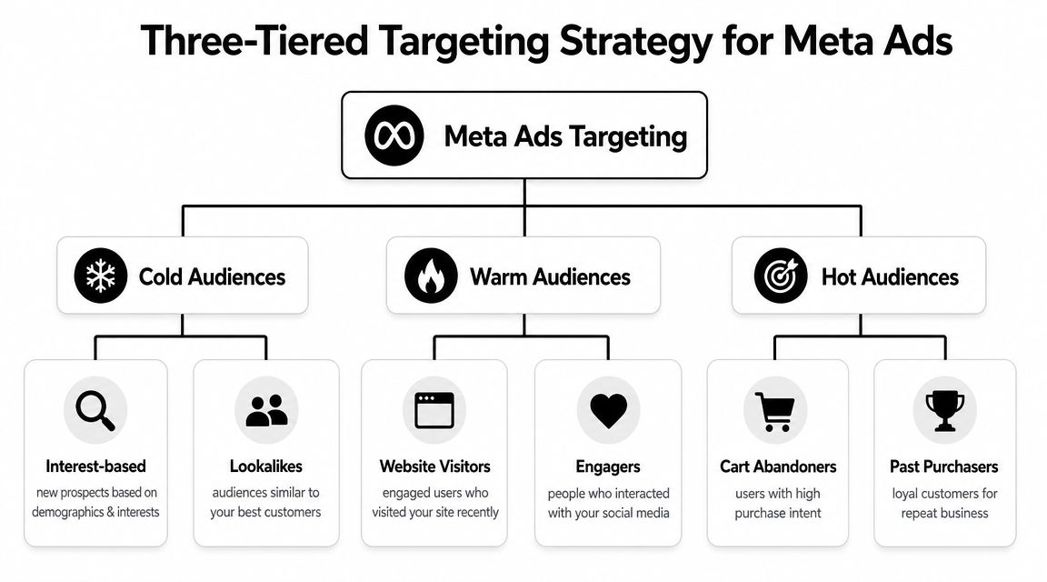 A diagram outlining a three-tiered targeting strategy for Meta ads, categorized into cold, warm, and hot audiences.