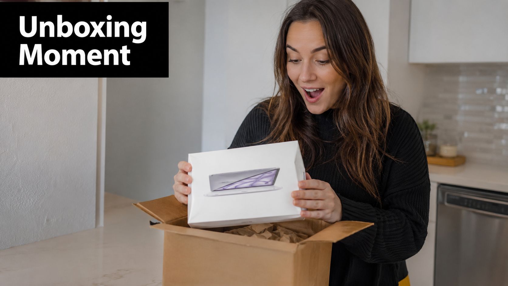 A happy woman opening a box containing a new electronic device in a modern kitchen setting.