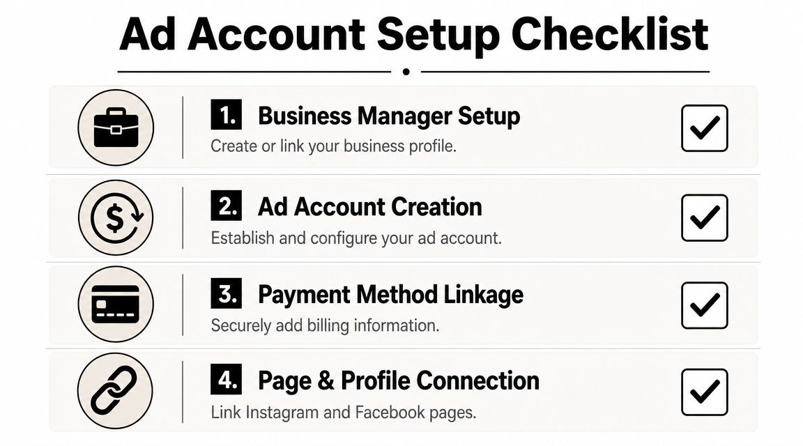 A checklist showing the four essential steps for setting up a professional social media advertising account.