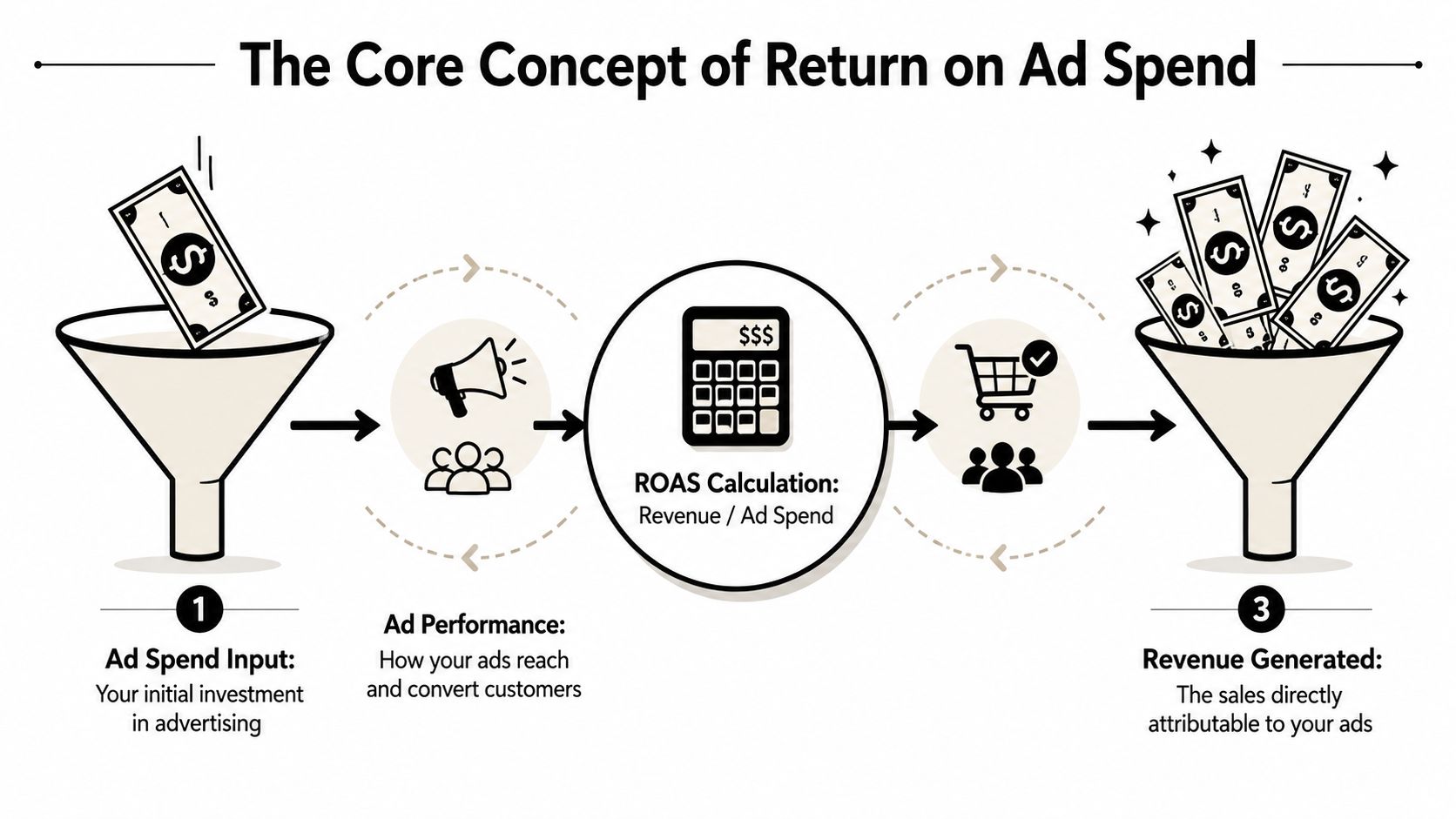 A diagram illustrating the Return on Ad Spend formula showing investment, performance, and revenue generation flow.