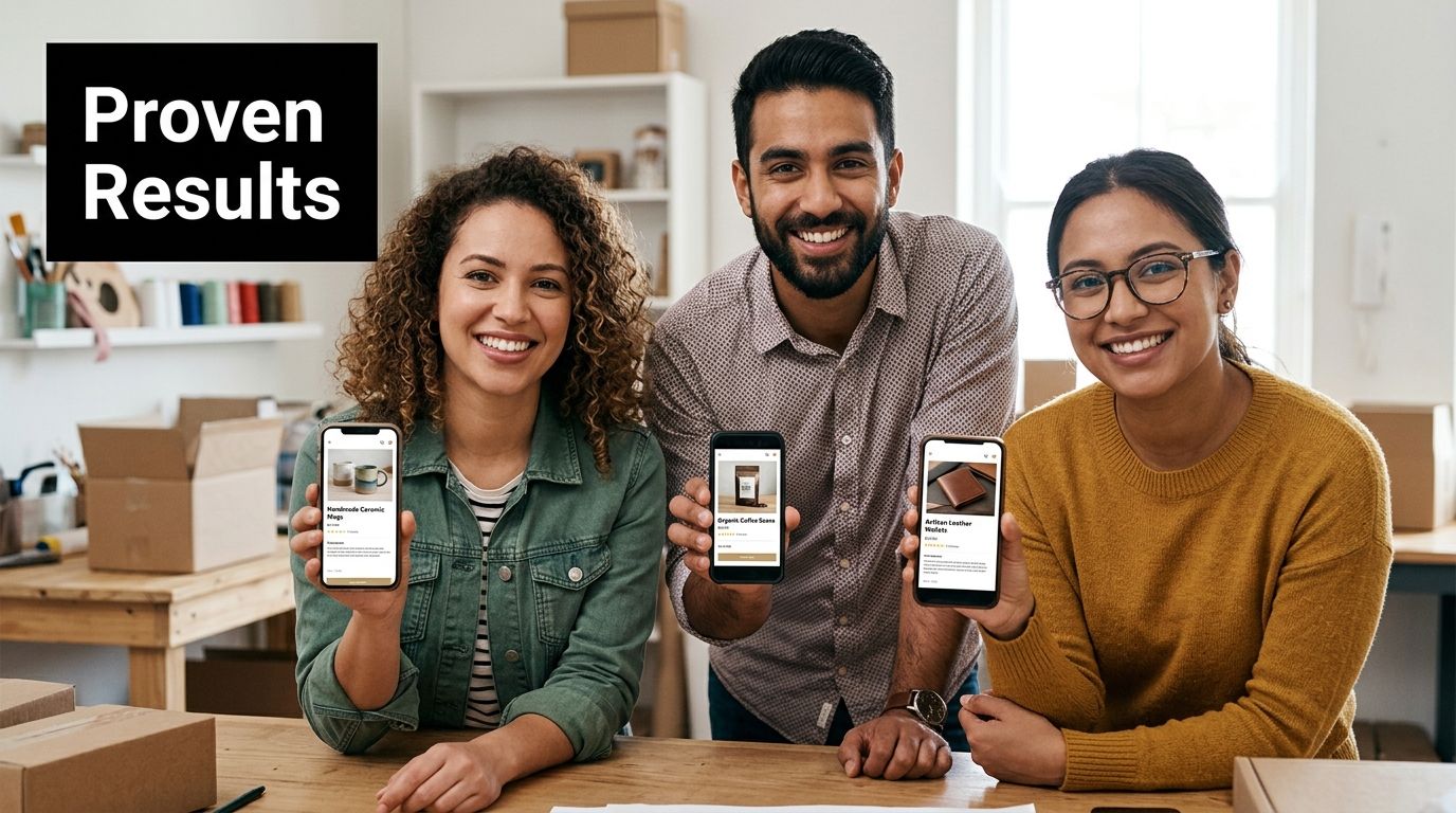 Three smiling business owners holding smartphones displaying ecommerce products in their workspace with boxes.