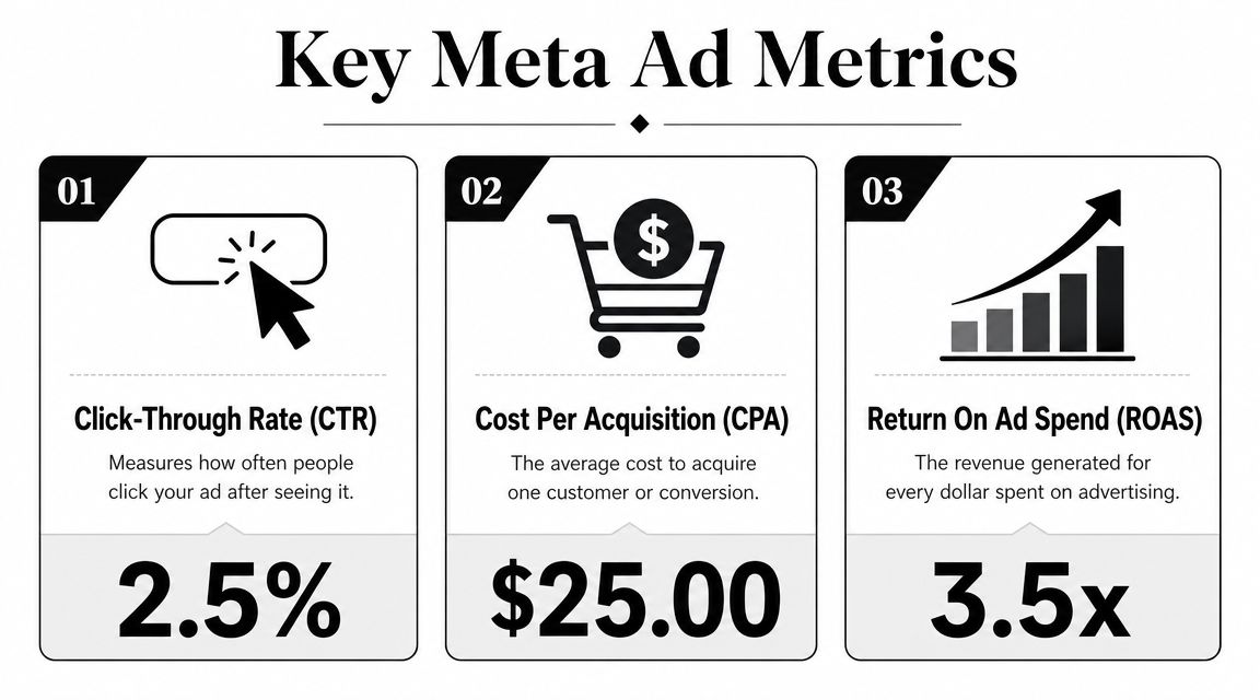 An infographic showing three key Meta ad metrics: Click-Through Rate, Cost Per Acquisition, and Return On Ad Spend.