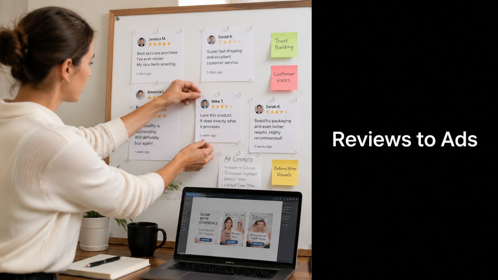 A woman pinning customer reviews onto a whiteboard while working on advertisement concepts at her desk.