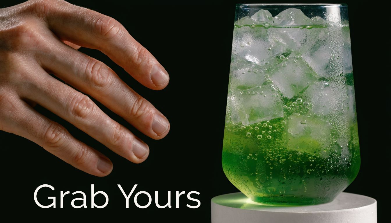 A hand reaching towards a refreshing glass of green soda with ice on a white stand.