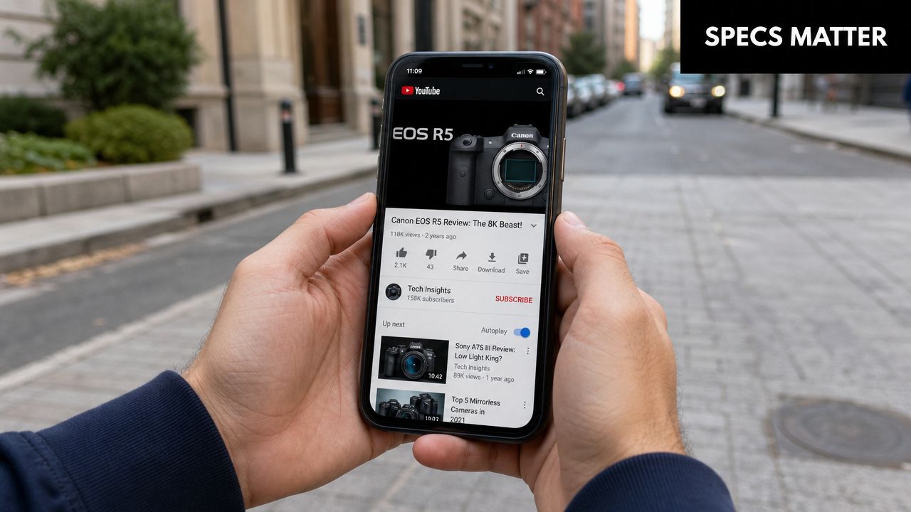 A close-up of a person holding a smartphone showing a Canon EOS R5 camera YouTube video review.