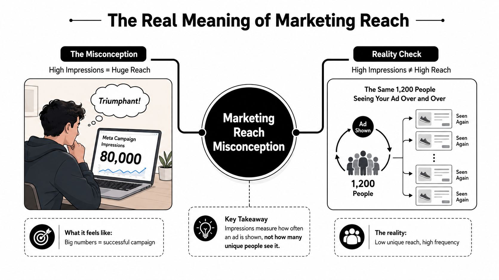 An infographic illustrating the difference between marketing impressions and reach, debunking common advertising metrics misconceptions.