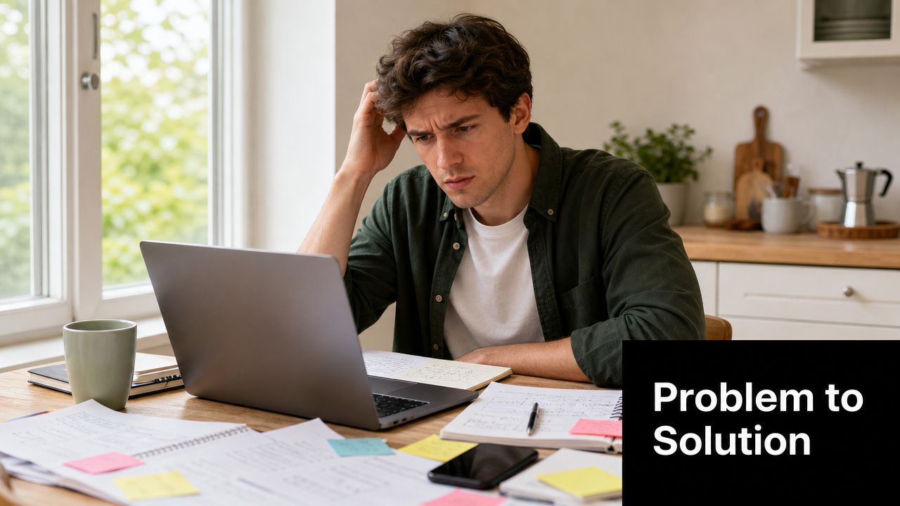 A young man sits at a kitchen table looking stressed while working on his laptop with papers.