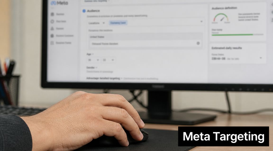 A close-up of a person using a computer mouse to set up Meta demographic targeting settings.