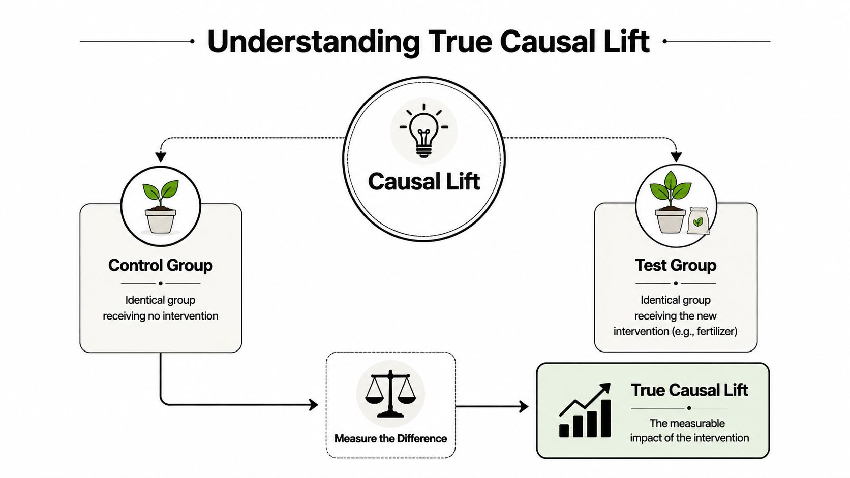 A diagram illustrating the concept of true causal lift by comparing a control group with a test group.