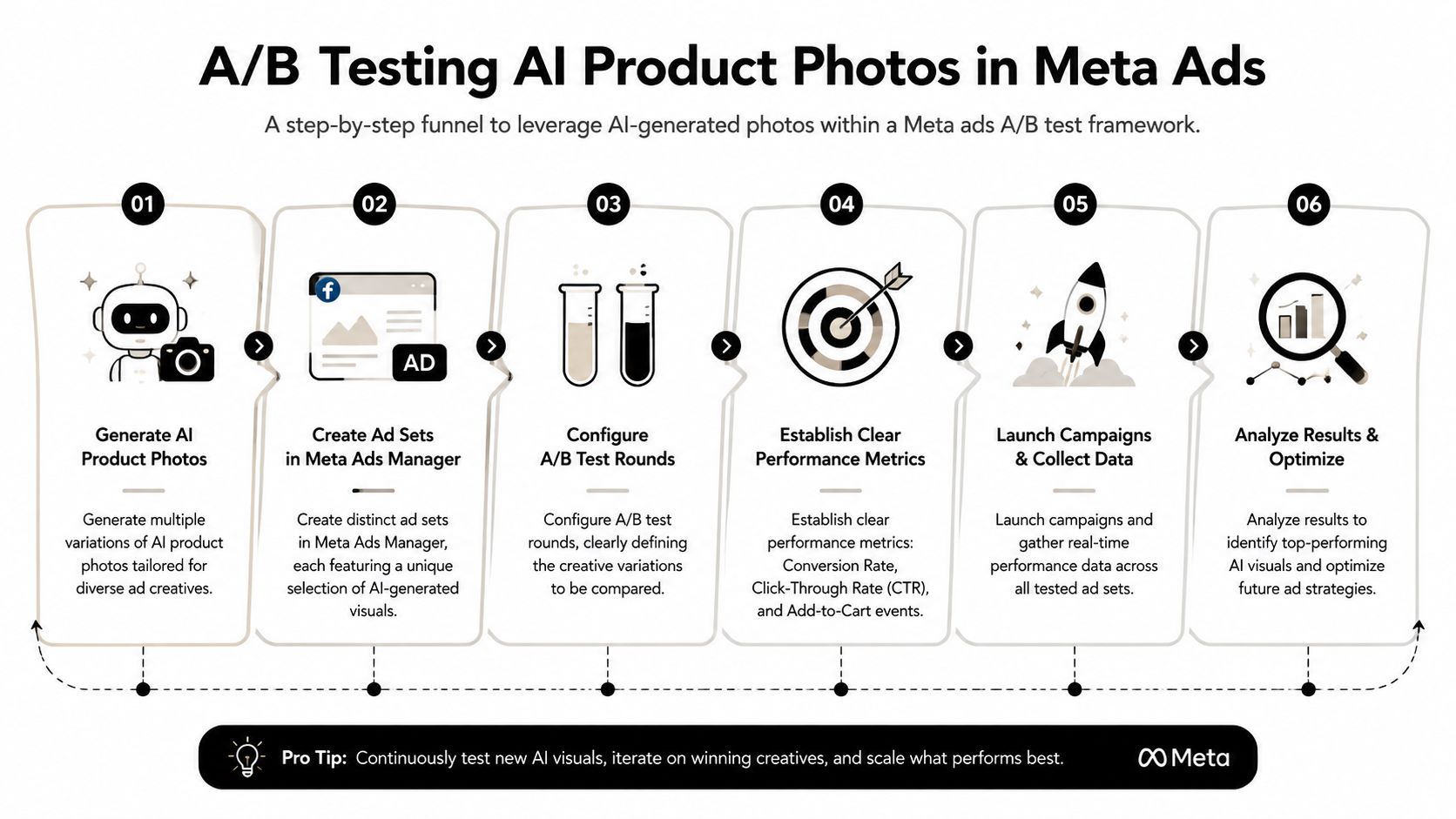 A six-step infographic showing how to test AI-generated product photos using Meta Ads Manager for optimization.