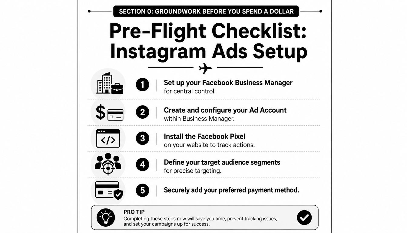 A five-step checklist for setting up Instagram ads, including Facebook Business Manager, pixels, and audience targeting.