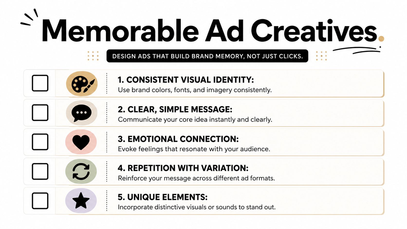 A checklist infographic outlining five key strategies for creating memorable ad creatives to build brand awareness.