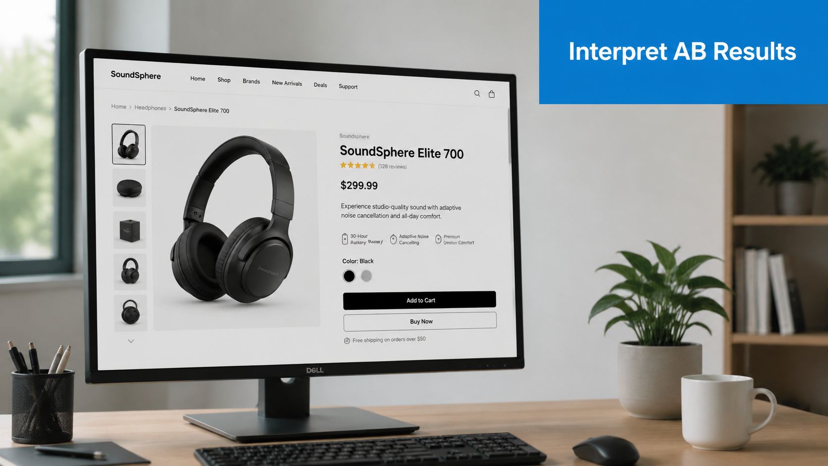 A professional computer monitor displaying an e-commerce product page for high-end headphones on a wooden desk.