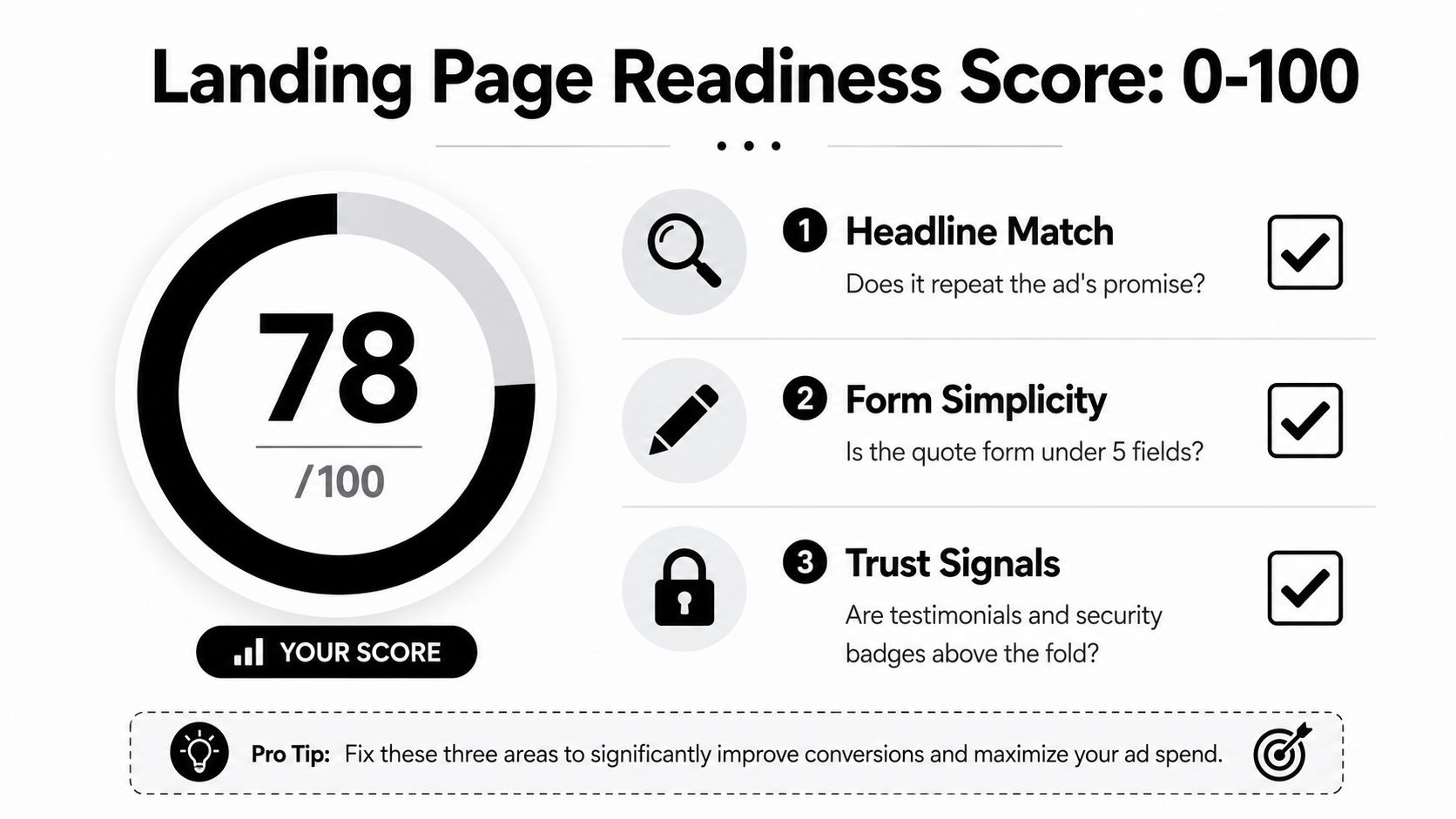 A graphic showing a Landing Page Readiness Score of 78, highlighting key factors for optimizing marketing campaigns.