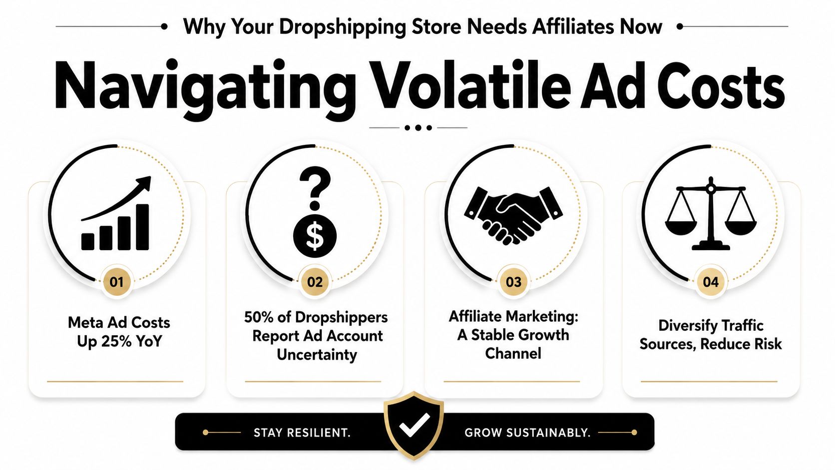 An infographic titled Navigating Volatile Ad Costs explaining why dropshipping stores need affiliate programs for stable growth.