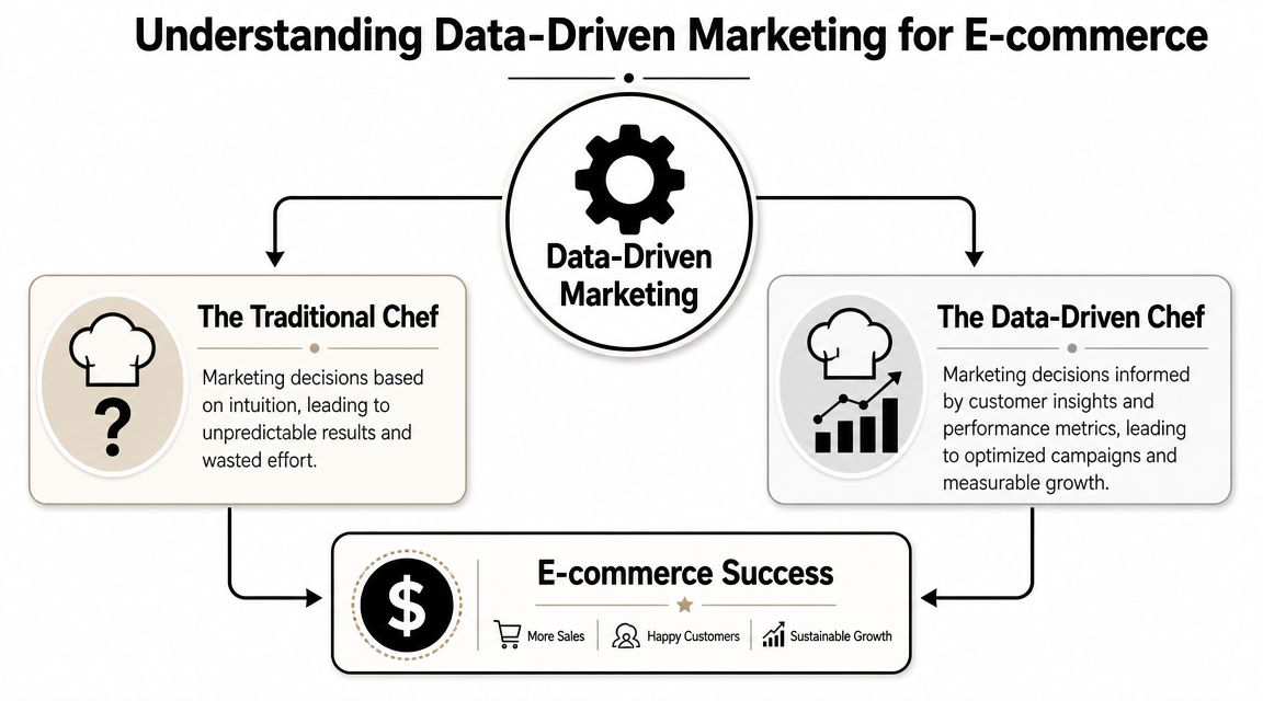 A diagram comparing traditional marketing intuition versus data-driven marketing strategies for achieving e-commerce business success.
