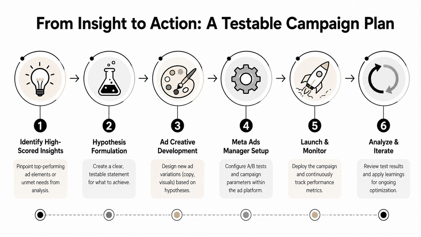 A six-step infographic showing a process for turning marketing insights into an actionable, testable campaign plan.