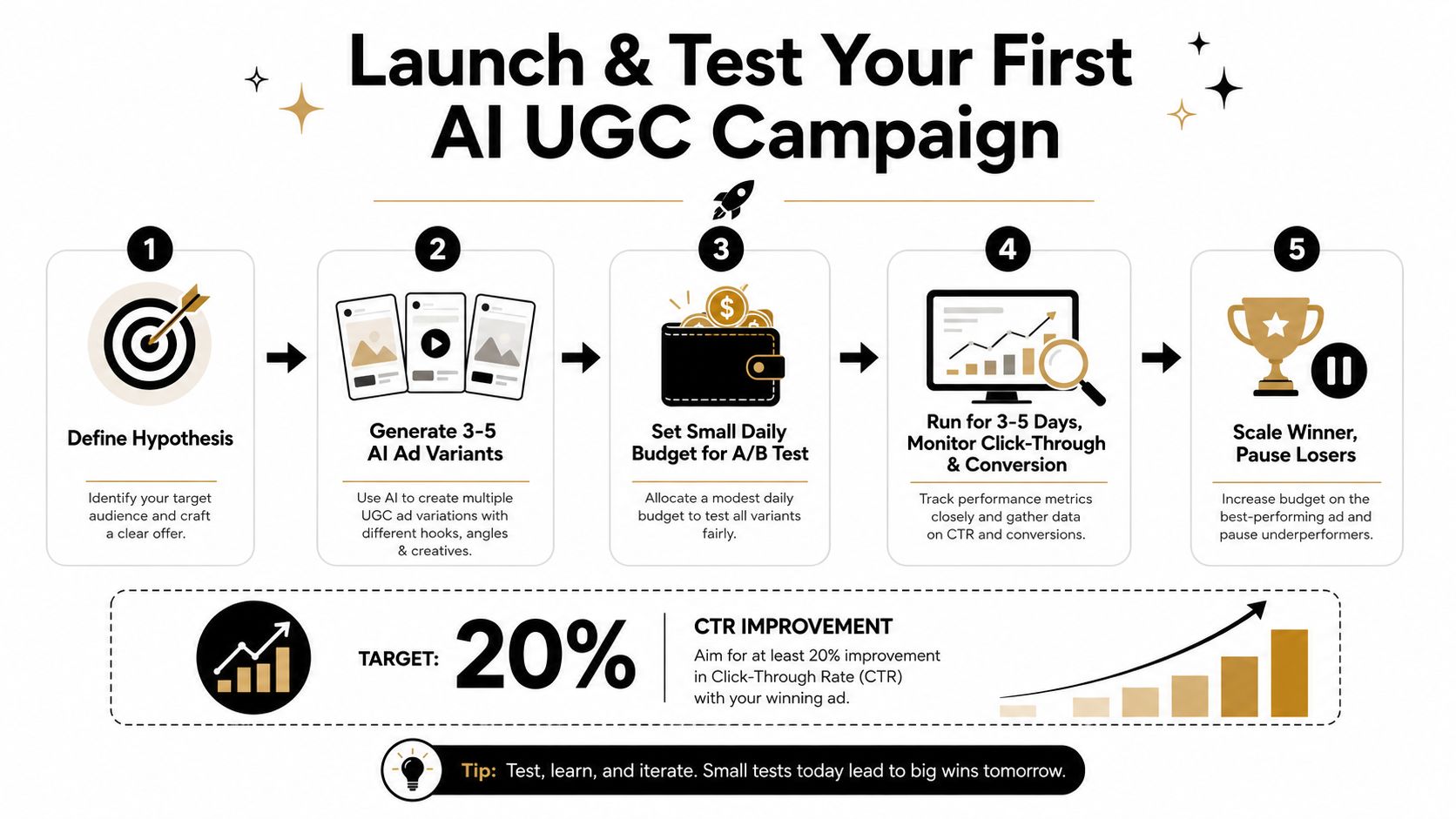 A step-by-step infographic on how to launch and test an AI UGC advertising campaign effectively.