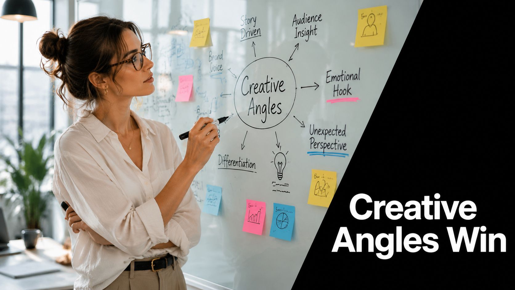 A professional woman writing on a whiteboard with a mind map about creative marketing angles strategy.