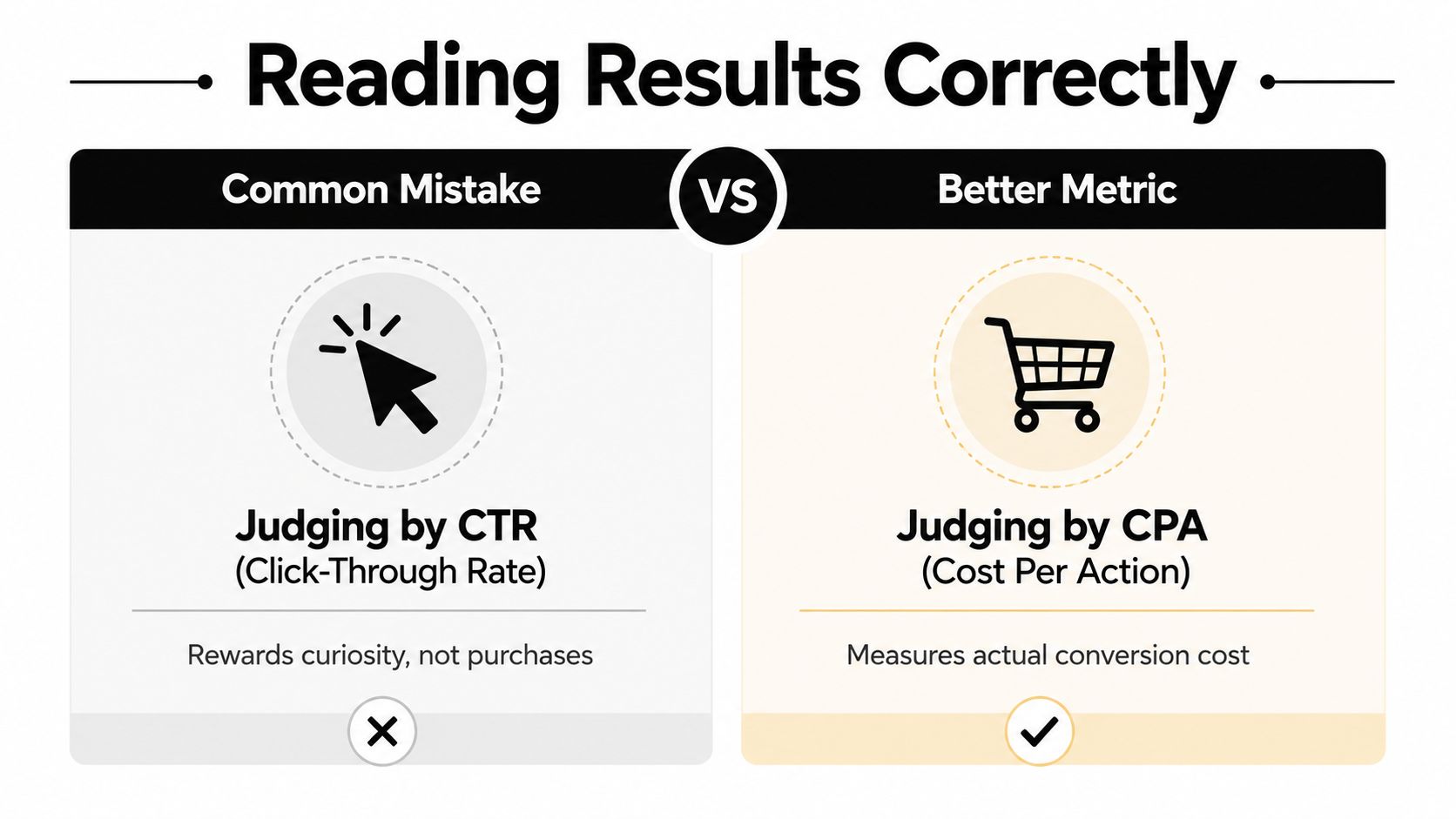 A comparison chart showing that judging Facebook ads by CPA is better than judging by CTR.