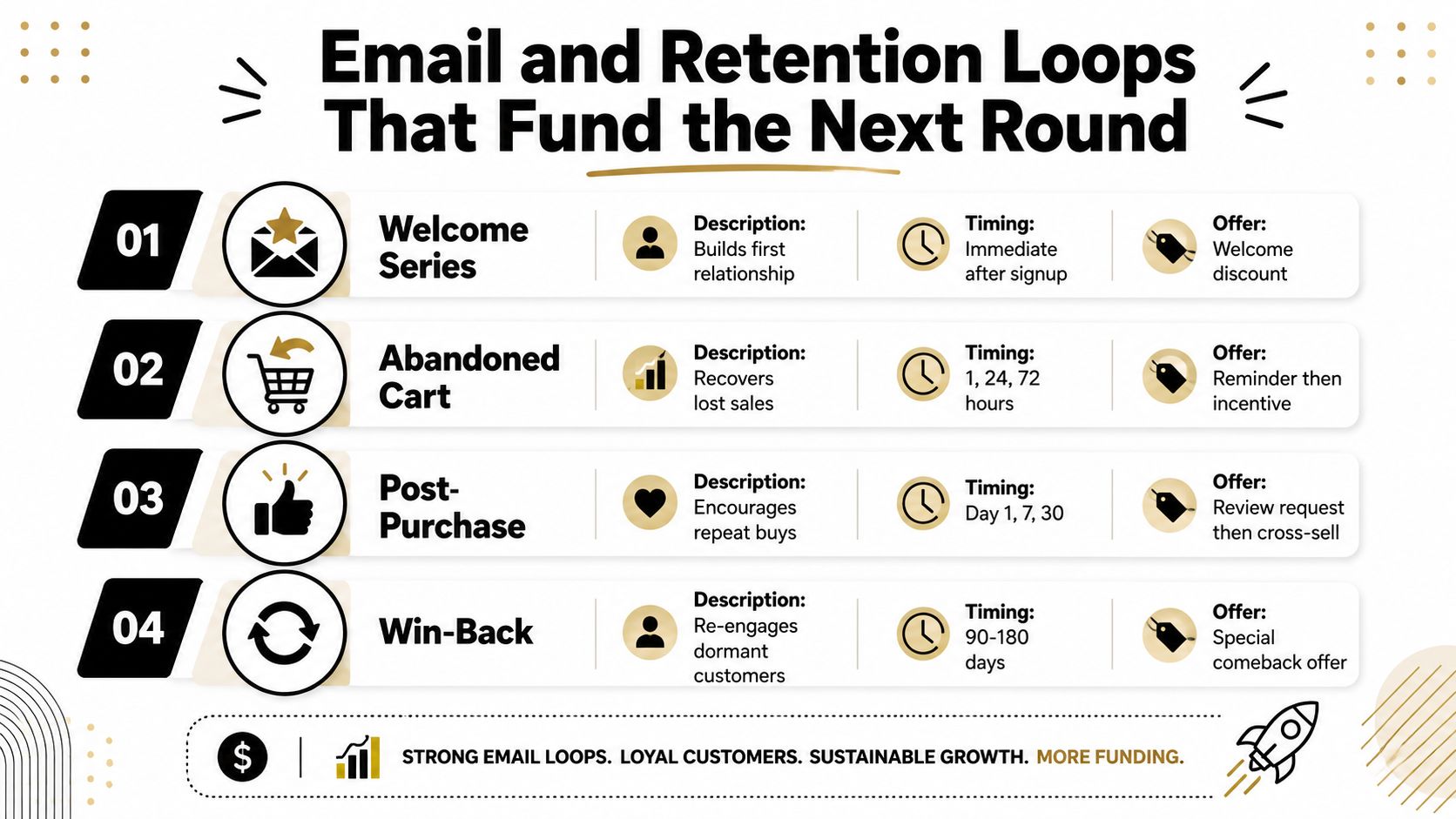 A marketing infographic illustrating four email and retention loops designed to drive e-commerce customer growth and funding.