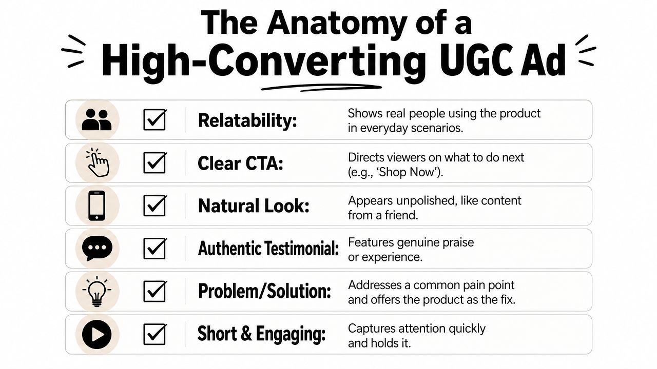 A checklist infographic titled The Anatomy of a High-Converting UGC Ad, detailing essential elements for successful advertising.