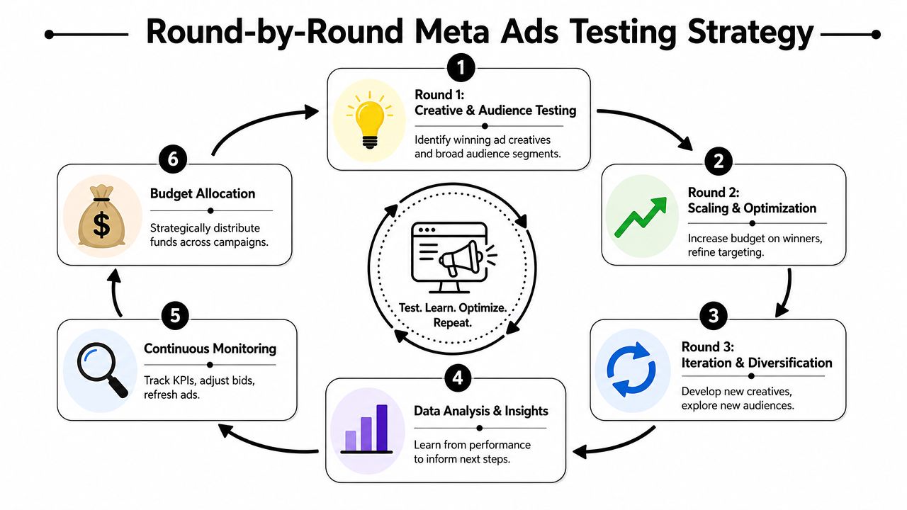 A circular infographic detailing a six-step round-by-round testing strategy for Meta advertising campaigns.