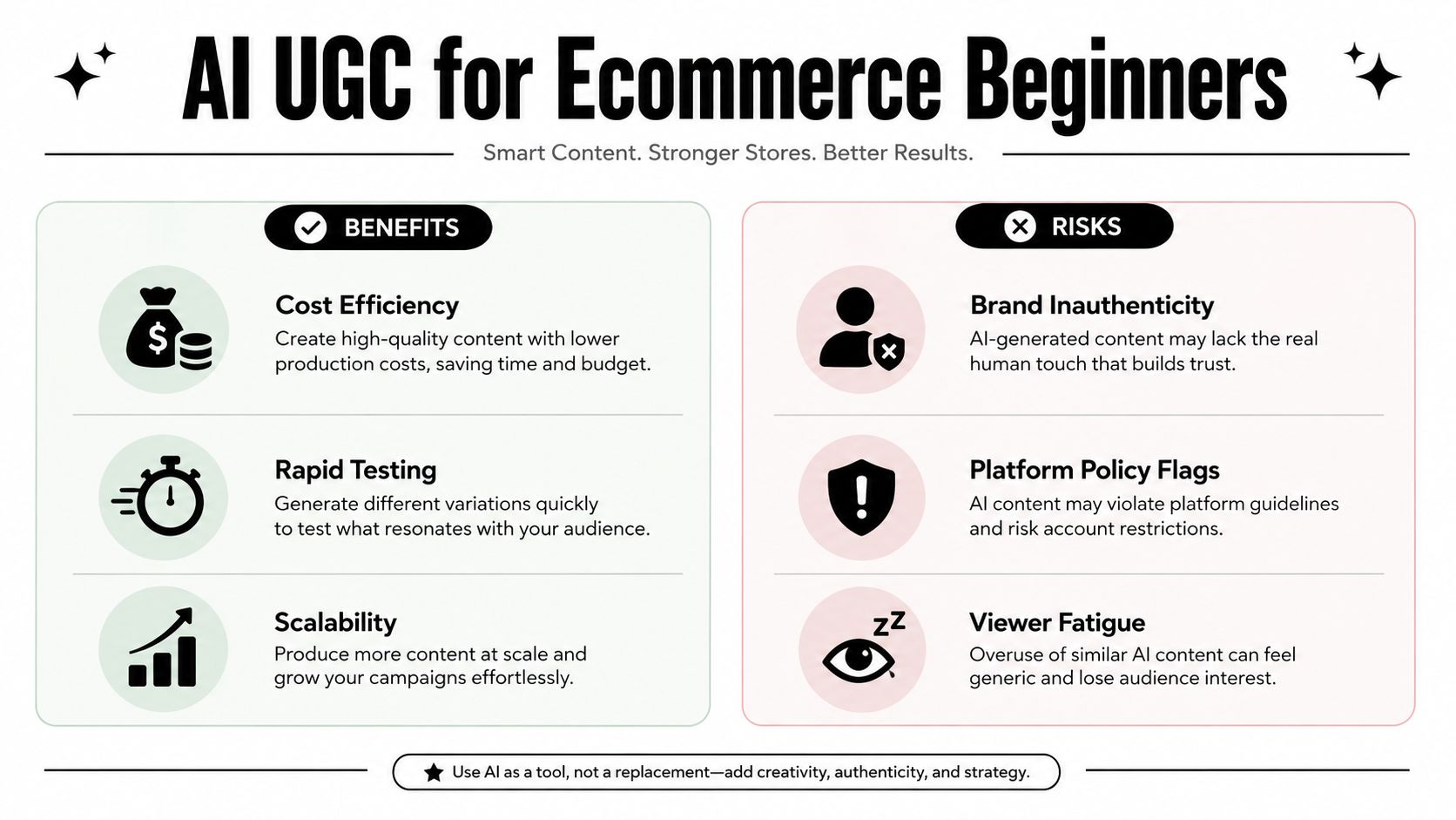 A comparison chart outlining the benefits and risks of using AI for user-generated content in ecommerce.