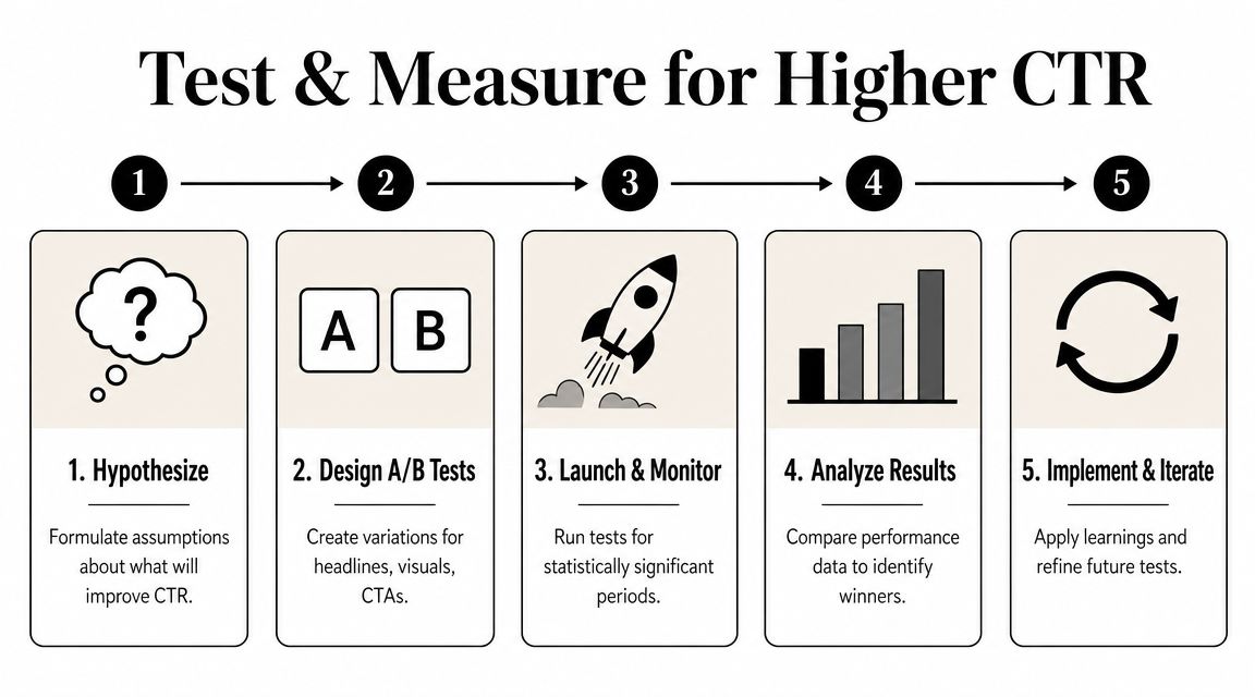 A five-step infographic showing the process for testing and measuring marketing efforts to increase click-through rates.