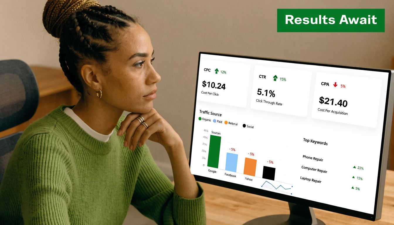 A professional woman looking at a computer monitor displaying digital marketing analytics and performance metrics data.