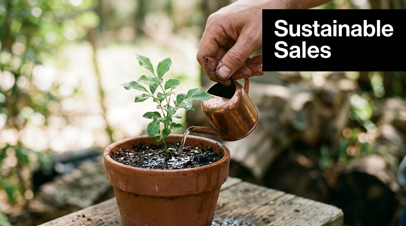 A hand waters a small green plant in a clay pot, symbolizing growth and sustainable business practices.