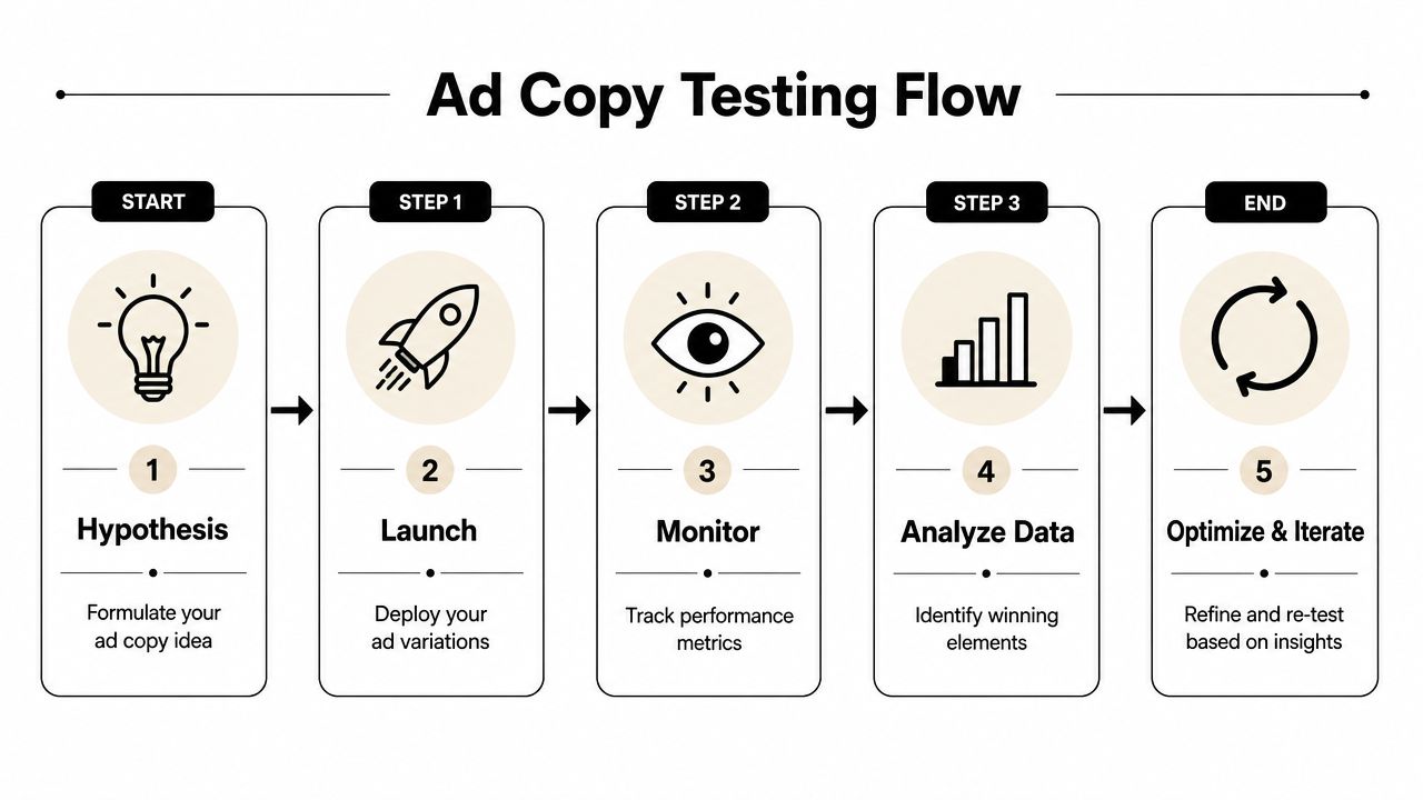 A five-step infographic showing the ad copy testing flow from hypothesis to optimization and iteration.