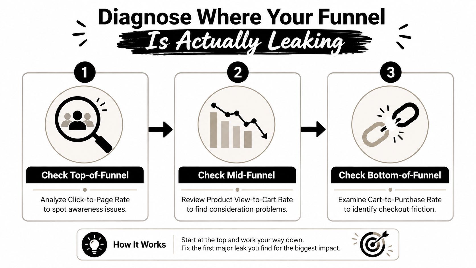 A three-step infographic titled Diagnose Where Your Funnel Is Actually Leaking for e-commerce website conversion optimization.