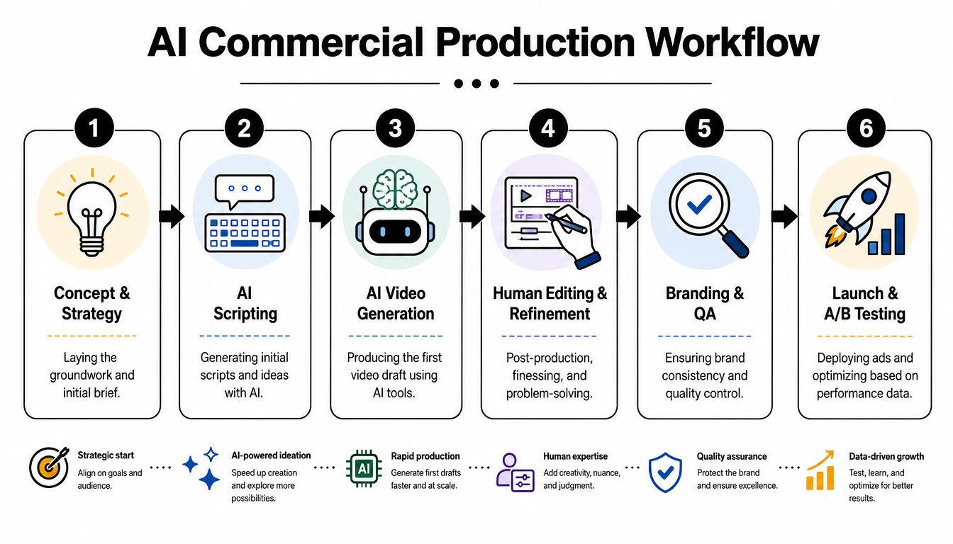 A six-step infographic illustrating the professional workflow for creating AI generated commercial video advertisements.