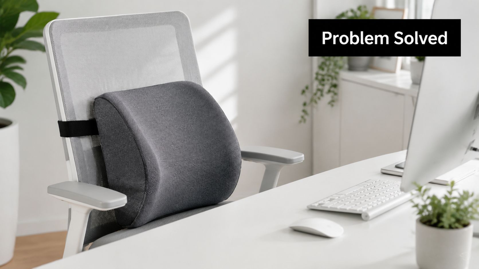 An ergonomic grey lumbar support pillow attached to a white office chair at a clean workspace desk.