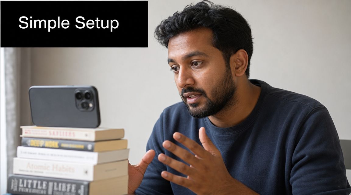 A man explaining content creation while his smartphone is propped up on a stack of books.