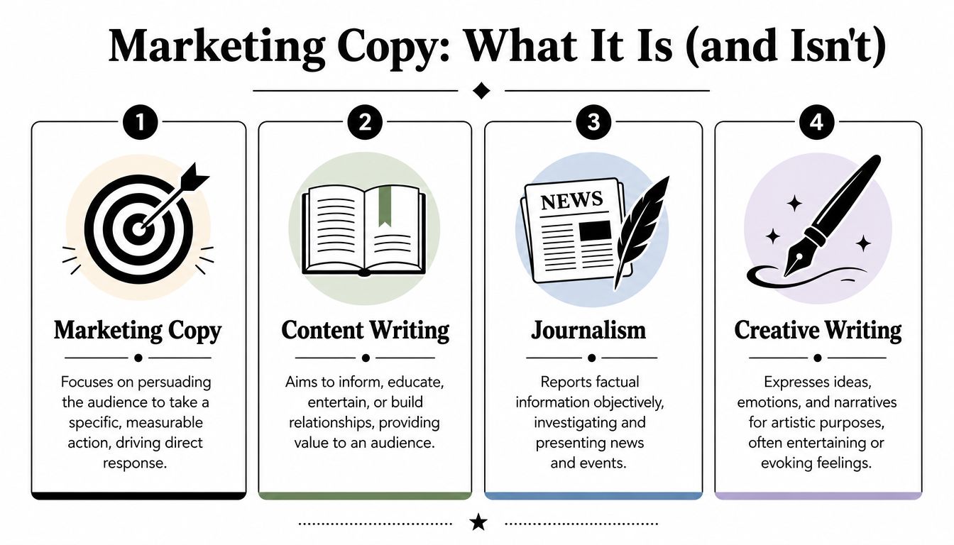 An infographic distinguishing marketing copy from content writing, journalism, and creative writing with descriptive text.
