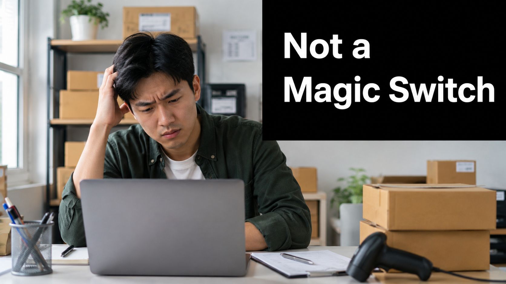 A frustrated business owner sits at a desk looking at a laptop with boxes in the background.