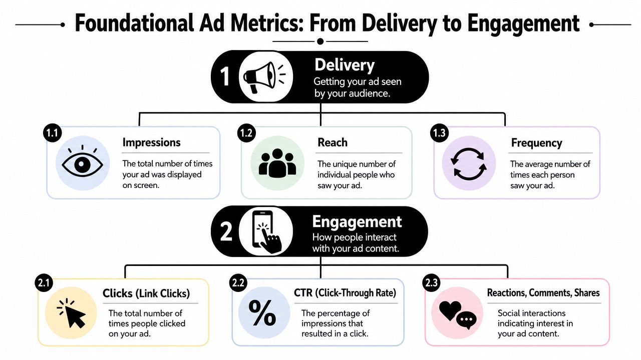 An infographic titled Foundational Ad Metrics explaining key performance indicators for delivery and engagement in advertising.