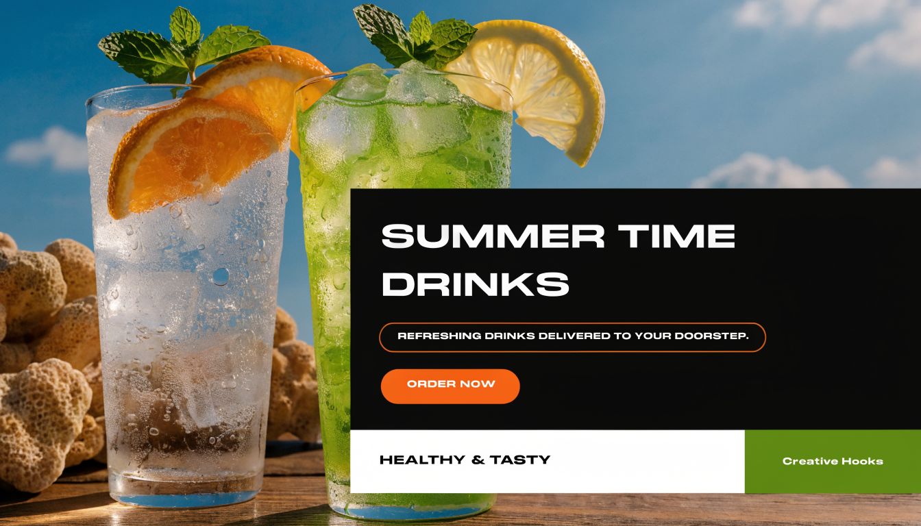 Two refreshing glasses of summer cocktails with fruit slices and mint on a sunny outdoor table.