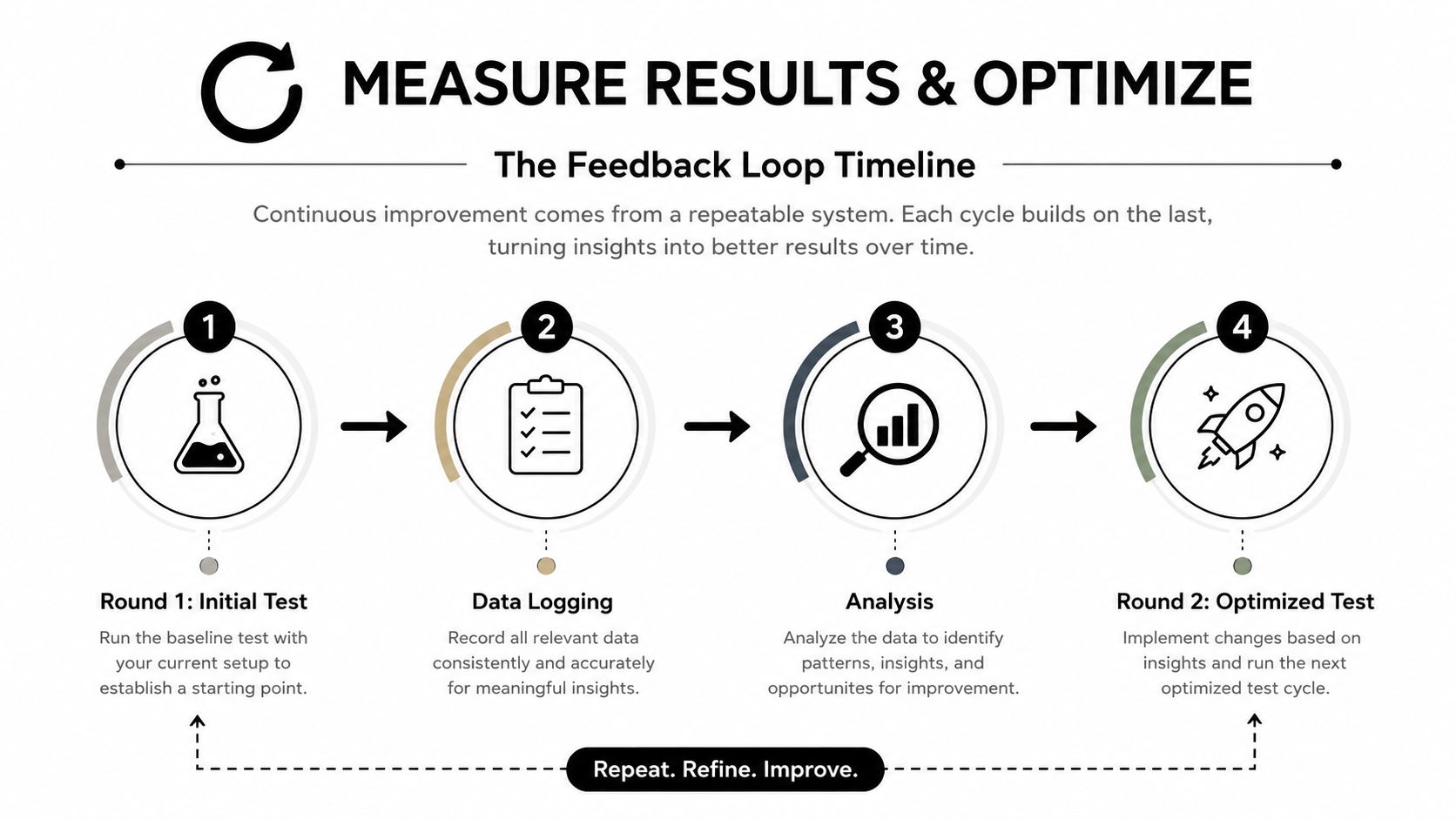 A four-step feedback loop infographic illustrating a process for measuring results and optimizing digital marketing performance.
