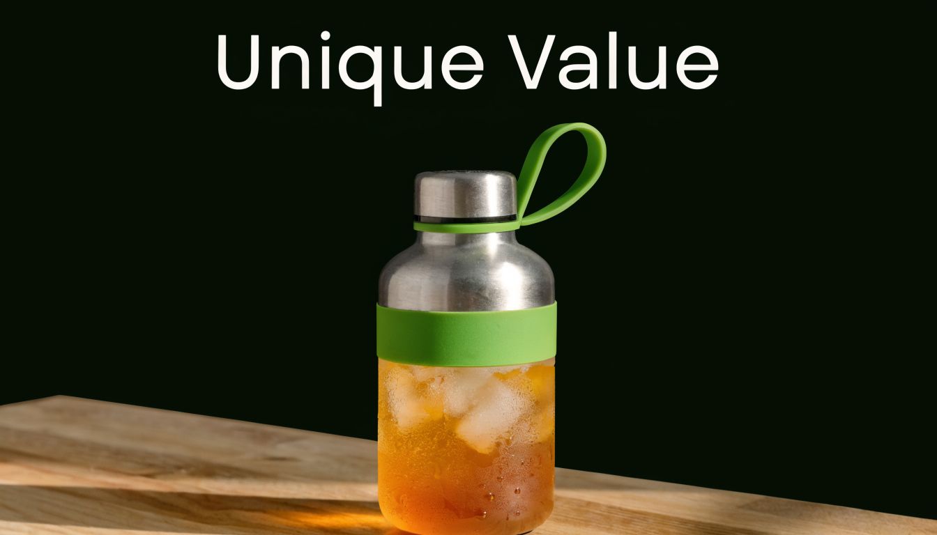 A reusable glass water bottle with a green silicone sleeve filled with iced tea on wood.