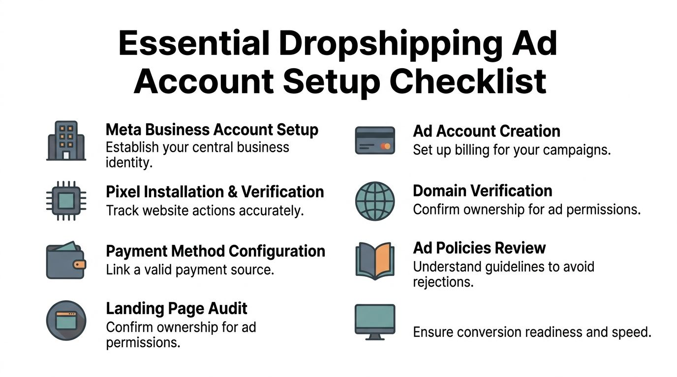 An infographic checklist for essential dropshipping ad account setup steps including business identity and verification processes.