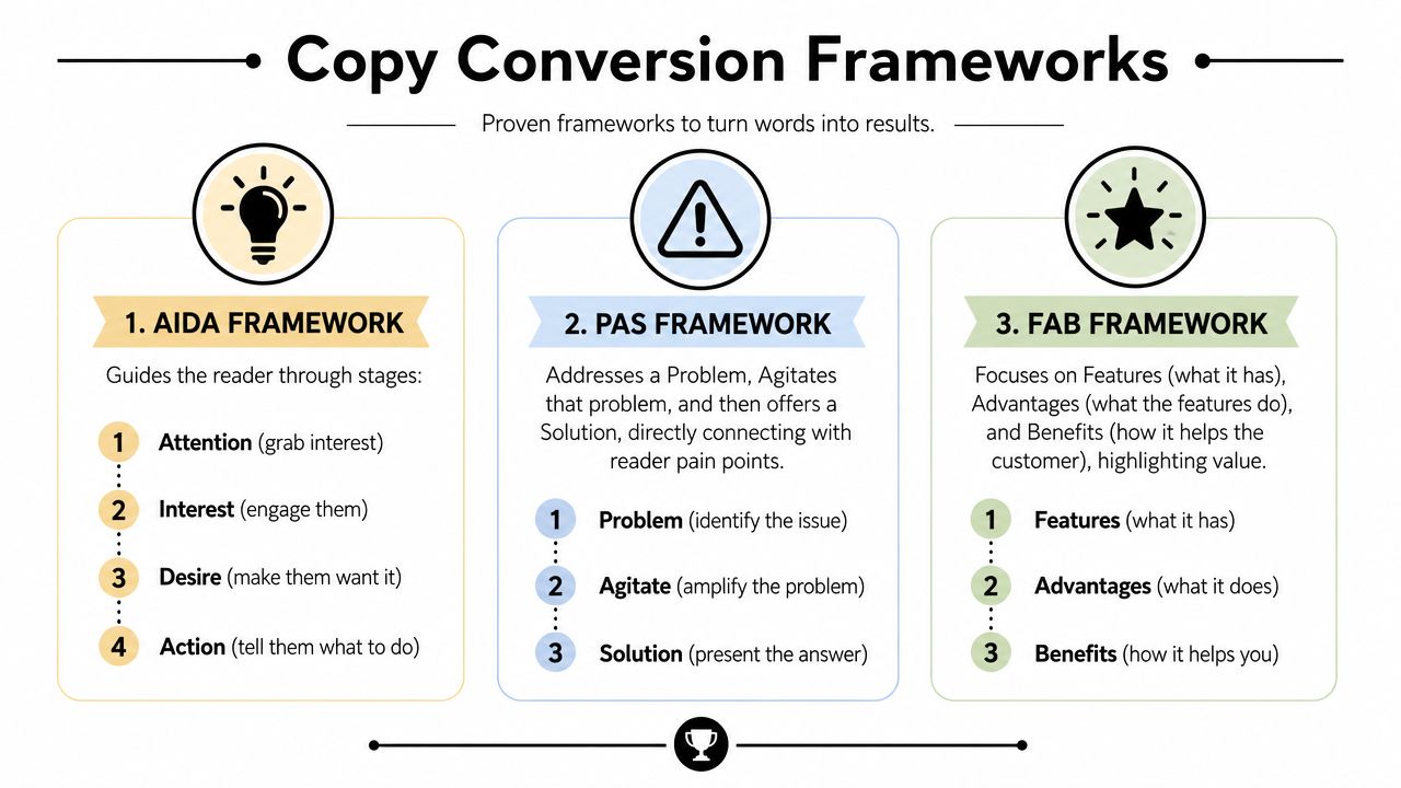 A diagram illustrating three popular copy conversion frameworks: AIDA, PAS, and FAB, for effective copywriting.