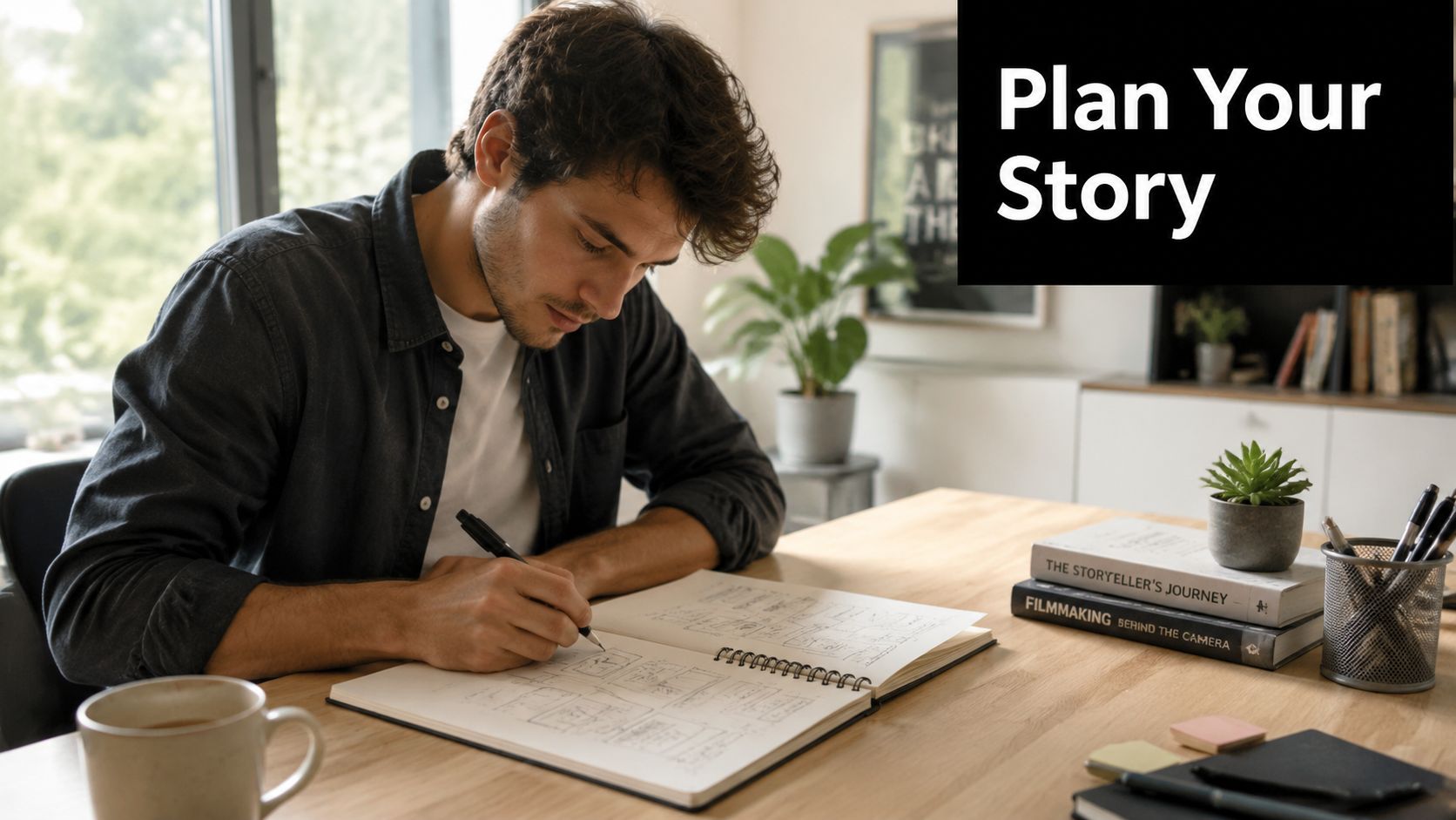 A focused young man drawing a storyboard in a notebook at his wooden desk in an office.