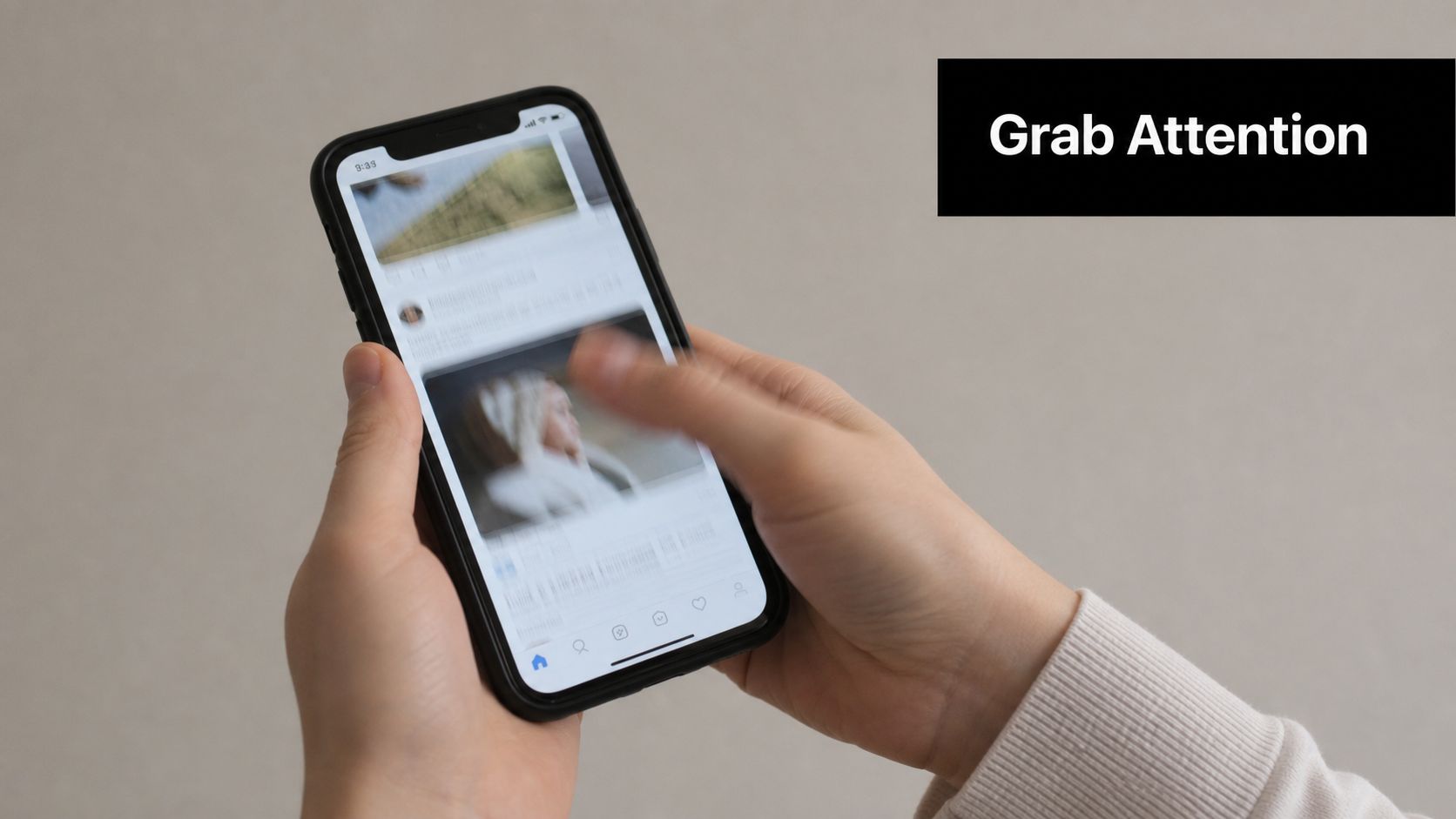 A person holding a black smartphone with their hand swiping through a social media feed.