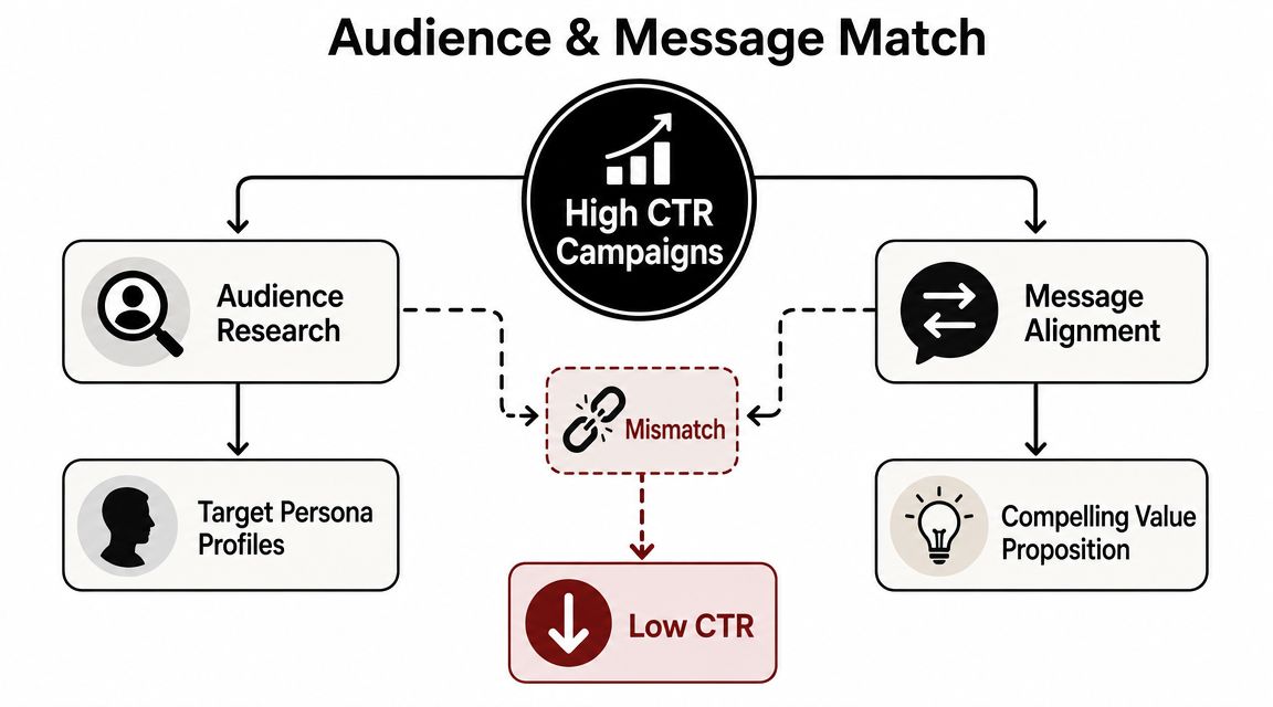 A diagram illustrating how audience research and message alignment impact click-through rates for digital marketing campaigns.