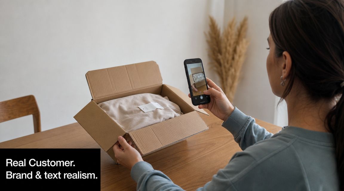 A young woman uses her smartphone to take a photo of clothing inside a cardboard shipping box.